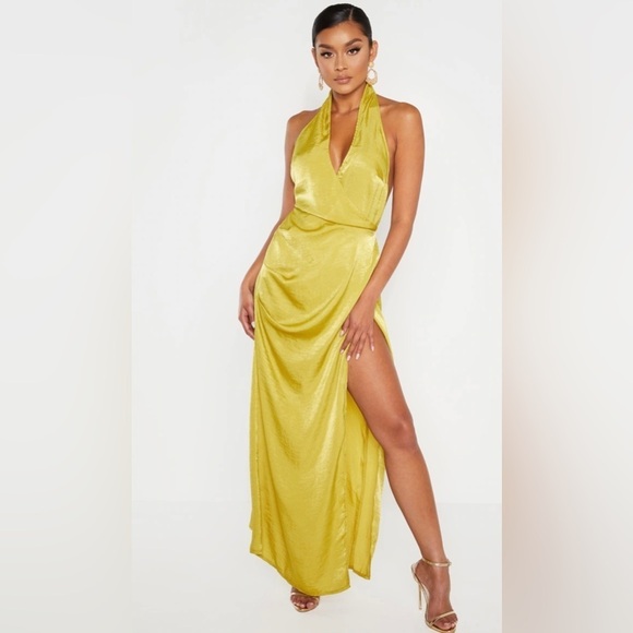 PrettyLittleThing Dresses & Skirts - Pretty Little Thing Light Lime Hammered Satin Halterneck Maxi Dress Sz 10